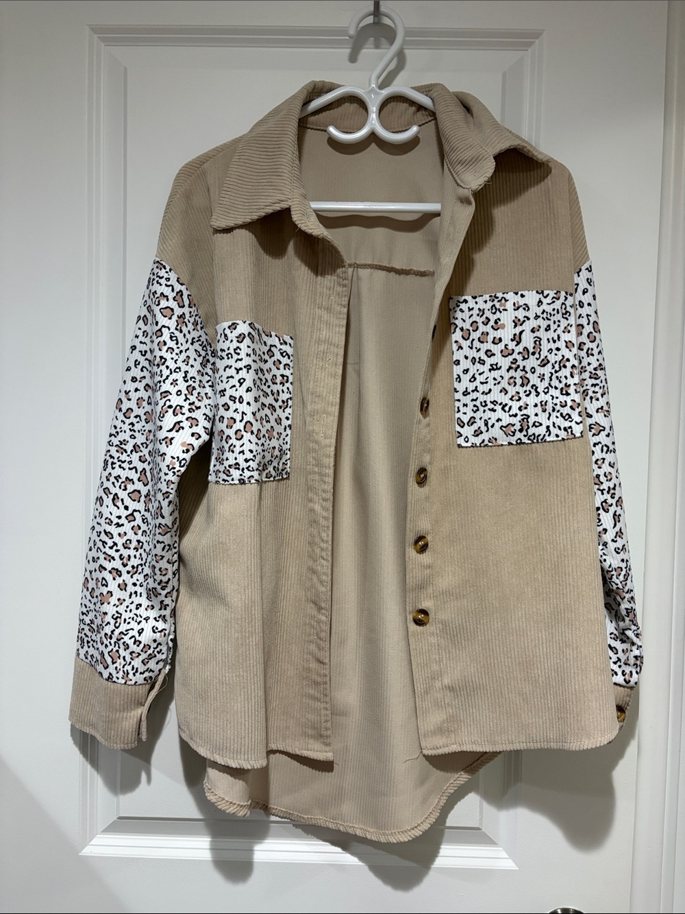 Beige Corduroy Utility Jacket with Leopard-Print Accents